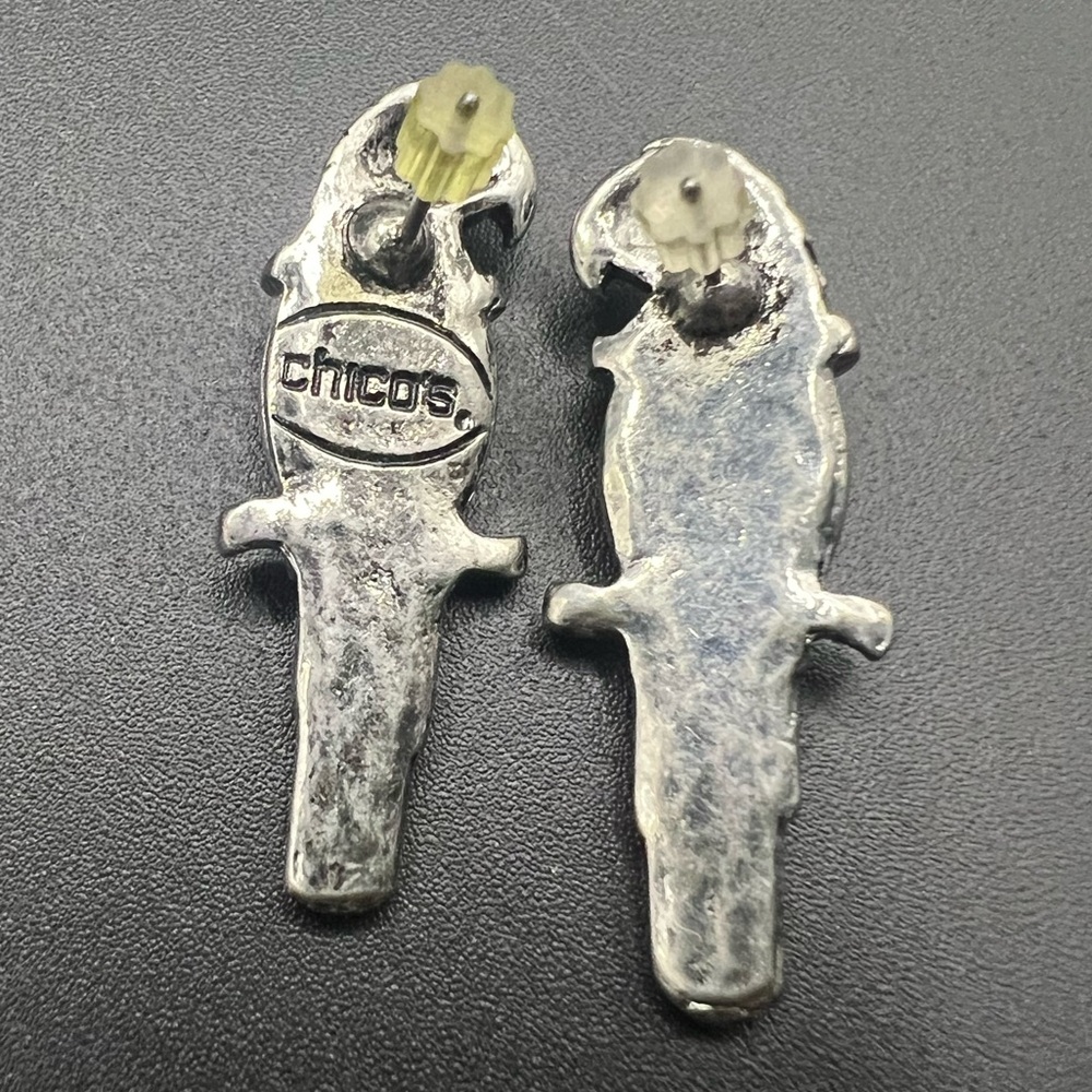 Chico’s Silver Tone and Purple Rhinestone Parrot Earrings - Picture 2 of 3
